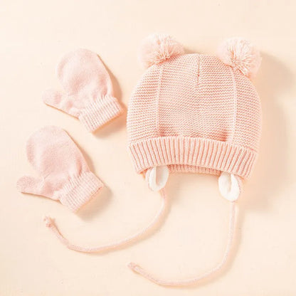 2Pcs Baby Knit Gloves Hat Set Solid Color Autumn Winter Ear Protection Infant Toddler Beanie Cap for Girls Boys Cute Outdoor War